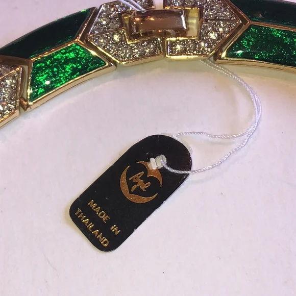 Angel Brand Signed Green Enamel CZ Rhinestone Gold Tone Chunky Vintage Necklace - Picture 4 of 9